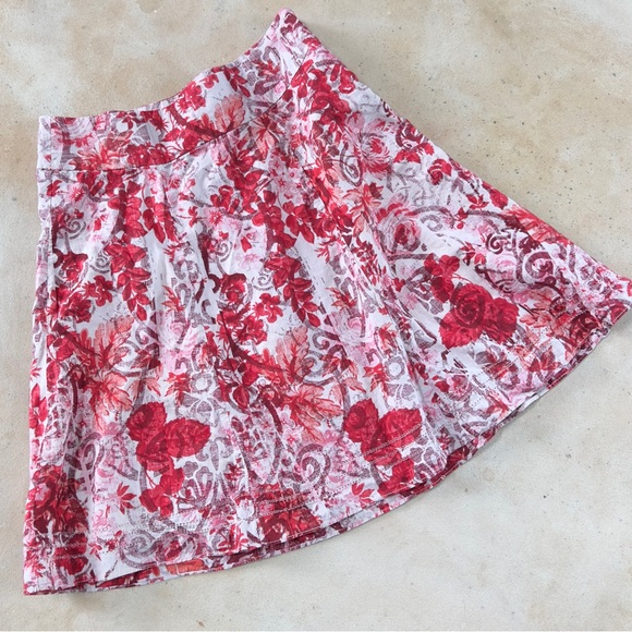 Gap Ivory Red Pink Abstract Floral Full Cotton Side Zip Skirt with Pockets -Sz 0 - Picture 3 of 14